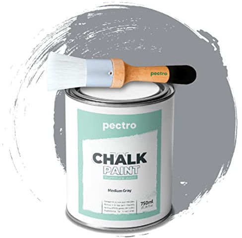 Pintura a la Tiza para Muebles 750ml + Brocha de Madera Especial Pack - Pintura para Muebles sin lijar - Pintura para Madera - Pintura Chalk Paint Pectro Efecto Tiza Colores (Gris Medio)