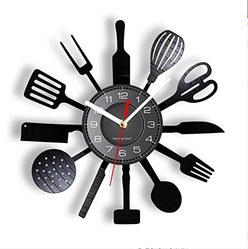 Orologio Vinile 30cm Posate da cucina vintage Disco in vinile Wall Art Cucchiaio Forchetta Coltello Cucina Orologio da parete Stoviglie Orologio decorativo Regalo da buongustaio