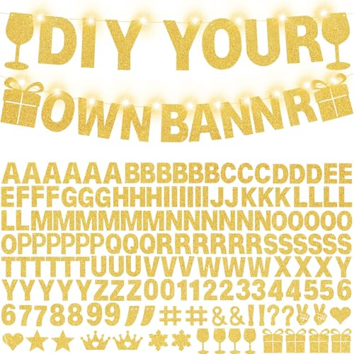 175Pcs DIY Glitter Customizable Banner Kit Custom Banner Happy Birthday Personalized Letter Banners Decor for Christmas Baby Shower Birthday Party Decorations Supplies(Glitter Gold）