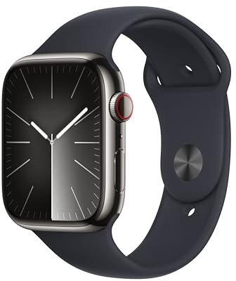 Apple Watch Series 9 (45 mm GPS + Cellular) Smartwatch avec boîtier en Acier Inoxydable Graphite et Bracelet Sport Minuit (S/M). Suivi de l’activité Physique, apps Oxygène sanguin et ECG