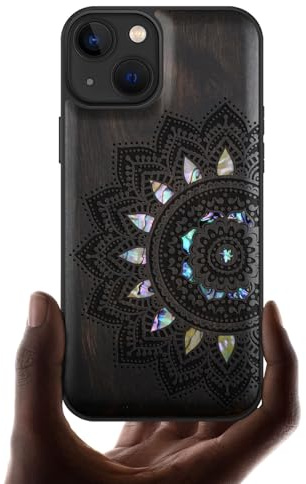 Carveit Bois Etui pour iPhone 13 Magnétique Coque, Coquille de Téléphone Antichoc Compatible avec Apple 13 Étui Magsafe (Bois Sombre-Art Mandala)
