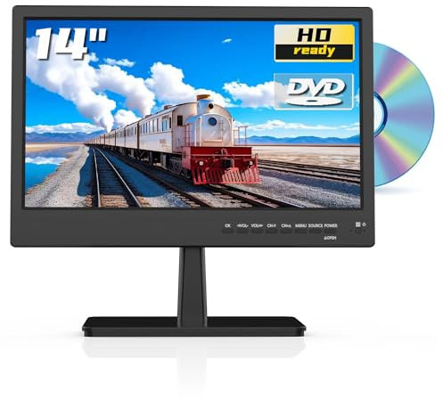 ZOSHING 14inch TV with dvd built in,Small 1080P screen TV-Built in Digital T2 Tuner Freeview channels,HDMI and USB port,12v tv car cable/AC powered for RV-Camper,Bedroom