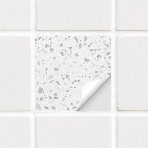 Alwayspon Set med 10 självhäftande kakeldekaler i vinyl för badrum och kök, stänkskydd för spis, vitt terrazzomönster, 15 cm