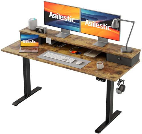 Agilestic 55 x 24 Inches Height Adjustable Electric Standing Desk with 2 Drawers, Stand Up Electric Desk Adjustable Height, Sit Stand Computer Gaming Table with Splice Board, Rustic Brown
