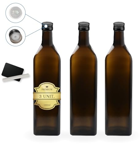 Espirito Rebelde - Lote de 3 botellas de vidrio oscuro para aceites de oliva con pizarra y tiza, para aderezo, salsas, licor, y otros condimentos, 1000 ml, con caño vertidor