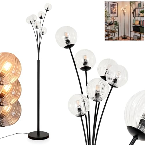 Stehleuchte Bernado, Stehlampe aus Metall/Riffelglas in Schwarz/Klar, Leuchte im modernen Retro/Vintage-Design mit Schirmen aus Glas (Ø 10 cm), dimmbar über Fußschalter, 6 x G9, ohne Leuchtmittel