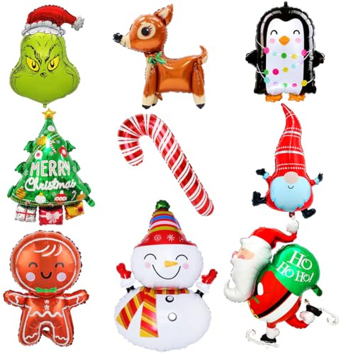 9 stycken julfolieballong, XXL juldekoration ballong, pepparkaksgubbe jultomte, ballonger, julgran jätteballong, pingvin heliumballong för födelsedag, jul, fest, dekoration