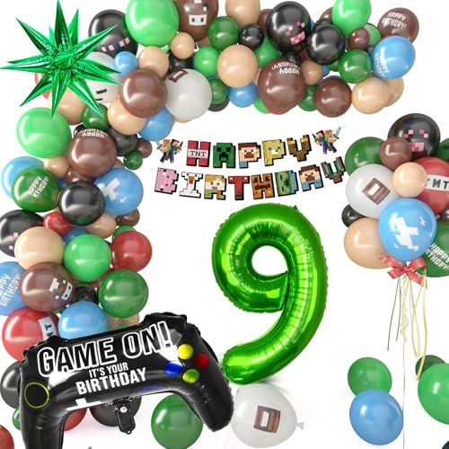 Pixel Luftballon Geburtstagsdeko 9 Jahre, 81 Stück Miner Kindergeburtstag Gamer Party Deko, Happy Birthday Banner Gamer Folienballon Spiel Luftballon Geburtstag Deko für Jungen Kinder