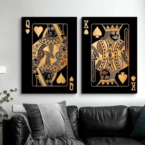 KQZVCU Goldene Spielkarten, Vintage-Poster und Drucke, Leinwanddrucke, schwarze Wandkunst für Wohnzimmer, Retro-Heimdekoration, 70 x 100 cm x 2, rahmenlos