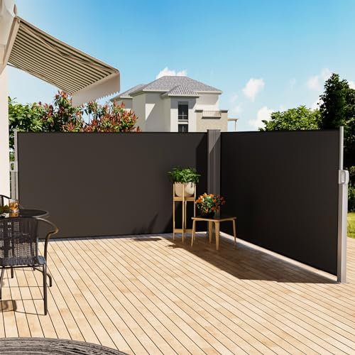 The Fellie Retractable Side Awning 8M, Double Pull-Out Side Privacy Garden Screening, Sun And Rain Protector Outdoor Screen Fence Panels For Patio, Pool, Terrace Balcony Divider, Dark Grey, 8 X 1.6M