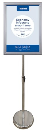 Europel Infoständer Economy, Klapprahmen A3 Silber, Profil 25mm, Hoch- oder Querformat, höhenverstellbar, Präsentationsständer für Plakate, Schilder, Werbung, Menüs, Geschäfte, Hotels, Restaurants.