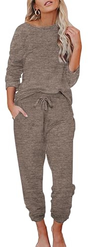Ekouaer Women's Pyjamas Long Sleeve Pjs Set Warm Loungewear Soft 2 Pieces Ladies Sleepwear with Pockets Winter Coffee XL
