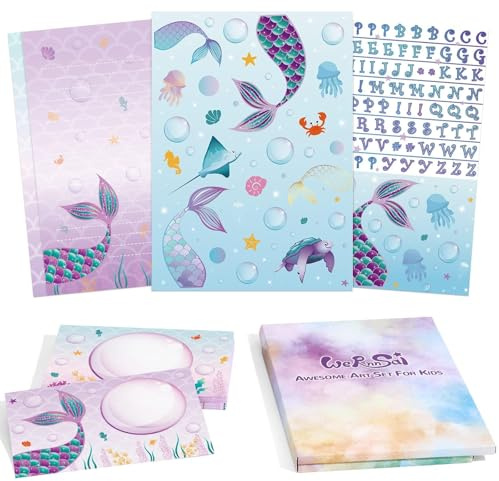 WERNNSAI Juego de papelería para niños Juego de papelería para niñas Juego de escritura para adolescentes Juego de papel de cartas de sirena Hojas de escritura de papelería con sobres