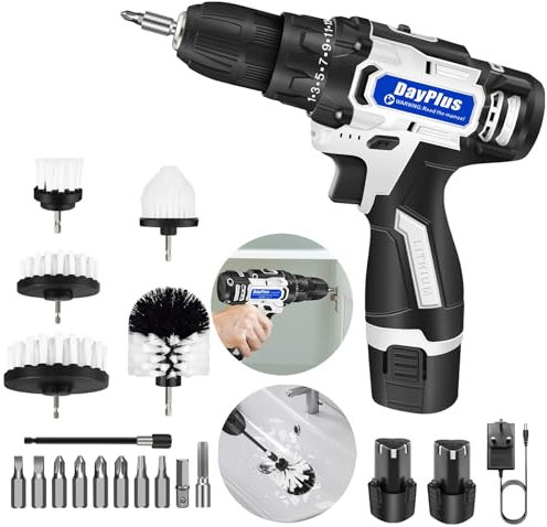 16.8V Li-ion Battery Power Cordless Combi Drill Driver with Drill Brushes Brush Attachment & 2 Batteries, 5Pack Electric Drill Brush Kit, 1/4in Power Scrubber Cleaning Brushes for Tubs, Bathroom, Tile
