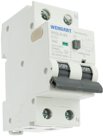 Wengart Disjoncteur Différentiel Type A - Courbe B - 32A 30mA - 1P+N - 6kA - Protection Haute Sensibilité pour Lave-linge, Plaques de Cuisson et VE - Conforme NF - WGL8-80