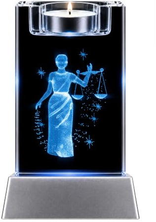 Kaltner Präsente Stimmungslicht - Sternzeichen Geschenk Waage: LED Kerze/Kristall Glasblock / 3D-Laser-Gravur Teelichthalter, Kerzenhalter Sternzeichen, Horoskop Waage, Astrologie