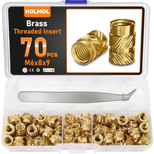 HOLMOL Gewindeeinsatz 70 Stück Set, Messing Einschmelzgewinde M6x8x9mm | Gewindeeinsatz 3D Druck, Gerändelt Einpressmuttern für 3D Druck Zubehör, DIY Projekte, Kunststoff, Gewindeeinsätze mit Box