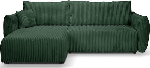 Ecksofa Atlanta mit Schlaffunktion und Bettkasten - Rechts oder Links - L-Form Taupe Schlafsofa mit Ottomane, Modernes Design - Couch Samt Cord für Wohnzimmer - Grün, Dunkelgrün - 257 x 88 x 177 cm