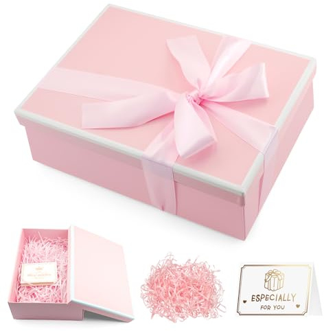 Caja de regalo con tapa, 25 x 18 x 9 cm, caja de regalo premium con lazos, tarjetas de felicitación y rafia, caja de regalo plegable de cumpleaños para San Valentín, Navidad, aniversario de boda