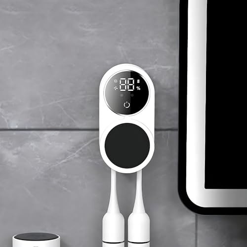 UV Zahnbürstenhalter Sterilisator, Elektrische Zahnbürstenhalter mit 2 Zahnbürstenschlitzen, ohne Bohren, Automatisch Induktiver Zahnbürstenhalter für Familie, Kinder (Weiß)