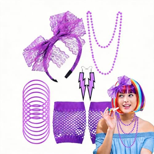 7pcs 80er Jahre Kostüm Zubehör Retro 80er Jahre Outfit Damen Party Supplies Spitze Stirnband Ohrringe Fischnetz Handschuhe Halskette Armband, Verkleidung für Frauen 80er Karneval, Halloween usw