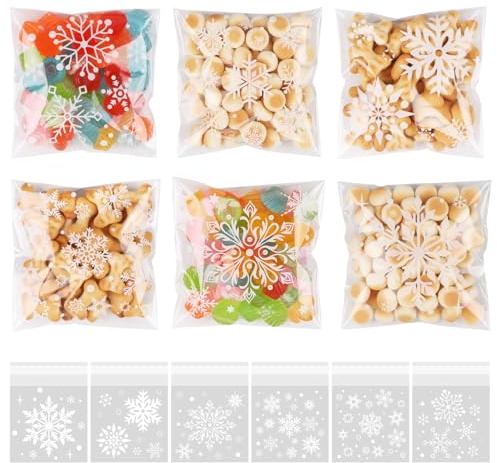 LOMIMOS 240 Sacchetti Cellophane Trasparente Autoadesivi，10 x 10 cm Confezioni per Feste di Natale con Fiocchi di Neve Bianchi per Caramelle Biscotti Cioccolato