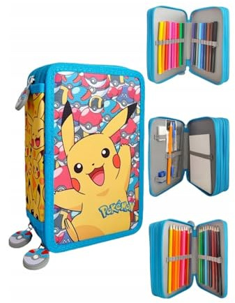 St. Majewski - Federmäppchen 3 Fächer - Mäppchen für Mädchen und Jungen - Federmappe 3-Fach Federtasche Gefüllte Schüleretui Schulmäppchen und Hausaufgabenheft - Pokemon Motiv