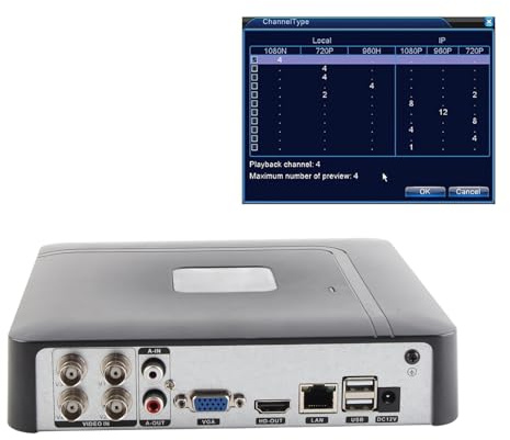 Bonbela 4CH Security CCTV, grabadora de video de 4 canales Grabación en tiempo real, pantalla HD, detección de movimiento, copia de seguridad USB, 5 en 1 en tiempo real (100-240V Regulaciones europeas