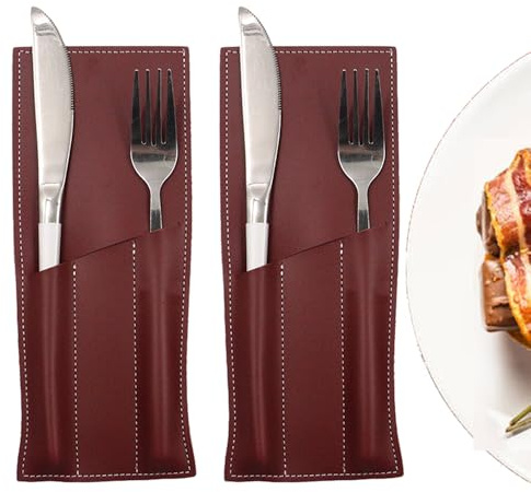 2Pc Leather Cutlery Sleeve, Silverware Storage Bag with Three-Slip Pocket, Oil Resistant Utensil Holder Pouch, PU Leather Cutlery Storage Organizer for Dining, Room, Kitchen, Restaurant