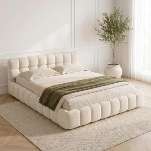 HNOUER Polsterbett 140x200 cm Bubble Bett, Doppelbett mit Weiches Kopfteil, Bettgestell 140 x 200 cm mit Lattenrost,Jugendbett,Leinen,Ohne Matratze (140 x 200 cm)