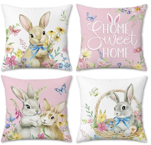 Bonhause Spring Bunny Cushion Covers 45 x 45 cm Pink Rabbit Flower Decorative Throw Pillow Covers Soft Velvet Pillowcases for Sofa Couch Bed Home Easter Decor Set of 4