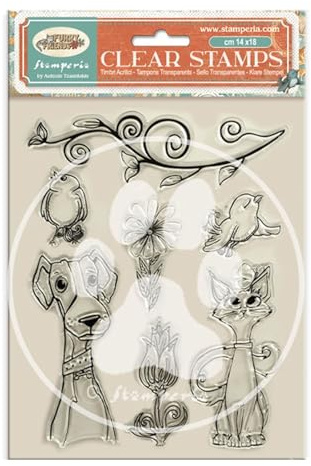 Stamperia - Acrylic Stamp for Scrapbooks, Albums, Cards, Bullet Journals and More, Transparent, Long Lasting, Easy to Clean, Perfect for Crafts and Gifting (Furry Friends, Dog, Cat, and Flowers)