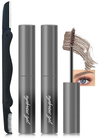 2 Pcs Tinted Brow Gel, Waterproof Smudge-proof Eye Brow Tinting Kit, Long Lasting Natural Eyebrow Glue with Eyebrow Razor Set, Volumize Tinted gel para cejas Mother's Day Makeup for Women-03# Grey