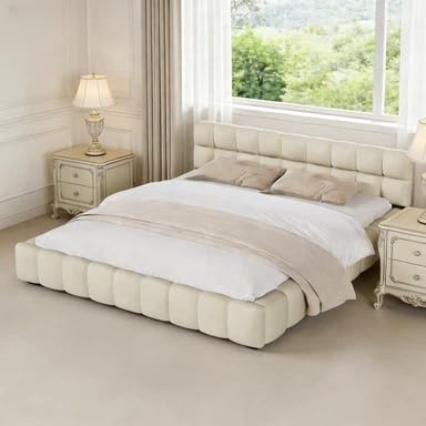 KRYZOR Polsterbett Bubble Bett 140x200cm, Flachbett Bodenbett mit gepolstertem Kopfteil, Doppelbett Jugendbett Gästebett Bettgestell mit Lattenrost, Ohne Matratze, Leinen (Beige, 140x200 cm)