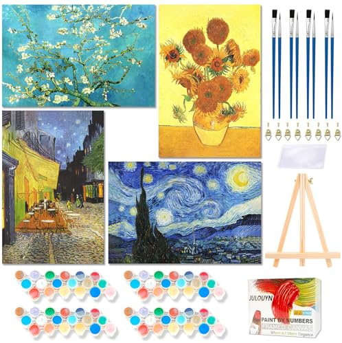 Fokenzary - Kit de pintura por números para adultos, manualidades, lienzo de «Café nocturno estrellado» con girasoles y albaricoques de Van Gogh, con caballete y pintura acrílica, con marco (20x30