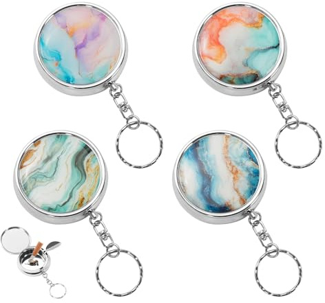 4PCS Pocket Ashtray, Stainless Steel Mini Ashtray with Key-chain, Push-Button Open, 4 Unique Pattern Designs, Compact Portable Metal Ashtray for Outdoor Travel (2x4.5cm) (marble)