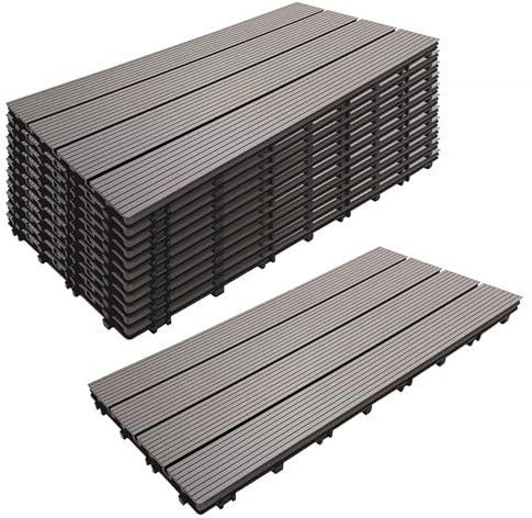 Relaxdays WPC Fliesen, 12 Stück, 60x30, Balkonfliesen wetterfest, Terrassenplatten Klicksystem, 2,2 m², Holzoptik, grau