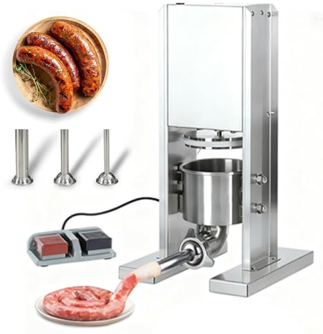 Relleno eléctrico de salchichas, relleno de carne automático vertical con control de pedal de pie, capacidad de 3 litros, incluye 3 tubos de relleno para uso doméstico o comercial