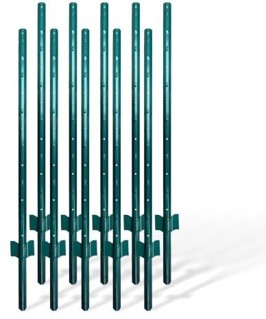 Postes para valla Relaxdays, set de 10, para malla de alambre, para clavar, 90 cm, perfil U, jardín, acero, verde