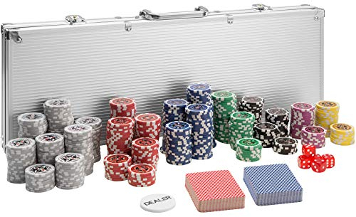 TecTake® Set da Poker per Giochi con Chips Poker Professionali in Valigetta in Alluminio, 2 Mazzi di Carte da Gioco, Dadi, Fiches Grigie, Rosse, Blu, Verdi, Nere, Viola - 500 Pezzi - Argento