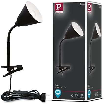 Paulmann 95430 Lampada a morsetto Vitis con braccio flessibile rotonda max. 20 Watt lampada con interruttore su cavo nero metallo, plastica E14