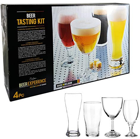 Set of 4 Beer Tasting Kit Glass Boxed Gift Set - Featuring Abbaye 500ml, Sevilla 380ml, Tulip 560ml & Danube 580ml Beer Glasses.