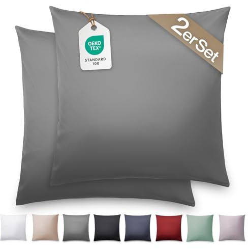 Blumtal Mako Satin Kissenbezug 40x40 Baumwolle Anthrazit - 2er Set Kissenbezüge aus 100% Baumwolle - edle Glanzoptik & Reißverschluss - Satin Kissenbezug für Kissen 40x40 Dekokissen & Sofakissen