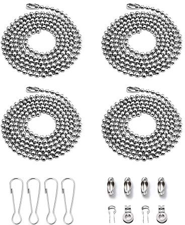 Wayilea Ceiling Fan Pull Extension Chain set, Light Chain Extender Stainless Steel Silver 3.2mm Beaded Ball, Fan cord Pull string Replacement (Four 35.4 Inch Chains, 8 connectors & 4 hooks)