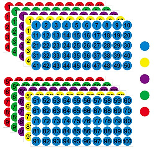 500 Pezzi Etichette Numeri Adesivi numero, 25 mm Etichette Rotonde adesivo Autoadesivi per Smistamento Uffici Domestici (rosso verde blu viola giallo)
