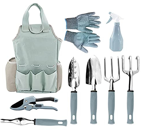 FGHSD 9-teiliges Multifunktions-Gartenhandwerkzeug-Set, Garten-Kombinationsset mit Gabel, Schaufel, Spaten, Gießkessel,