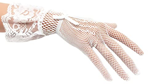 ihreesy Damen Spitzenhandschuhe, Spitze Mesh Handschuhe Volle Finger Hochzeit Brauthandschuhe Sommer Handstulpen Elegante Kurz Netzhandschuhe Hochzeithandschuhe für Hochzeit Tanzen,Weiß