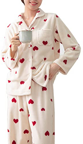 Chickwin Pigiama Donna Invernale Flanella Morbida Caldo, Moda Comfort Pigiama di Pile Due Pezzi, Set Pigiama con Camicia a Maniche Lunghe con Bottoni e Pantaloni