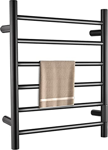 QL Scaldasalviette Elettrico con Timer,Portasciugamani Elettrico a Parete con Temperatura Regolabile,145W,Acciaio Inox 6 Bar,600x500mm,Nero