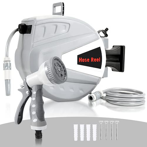 Ansobea Avvolgitubo acqua 30 + 2 m con supporto a parete/doccetta a mano/materiale di montaggio, avvolgitubo automatico, tubo da giardino per irrigazione, grigio